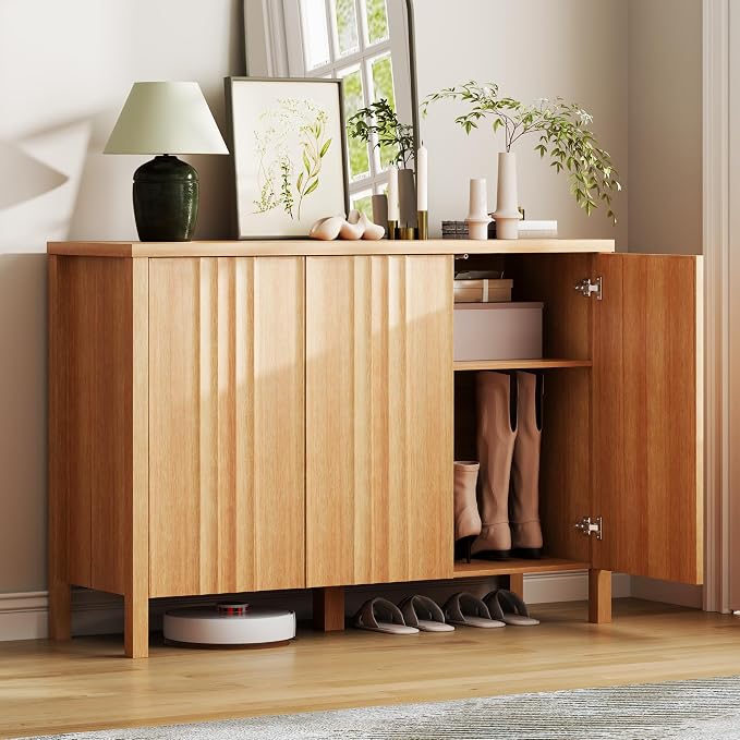 Vlsrka Shoe Cabinet with 3 Doors, Narrow Wooden Shoe Cabinet, Hidden Shoe Storage for Entryway, Foyer, Hallway (Brown)