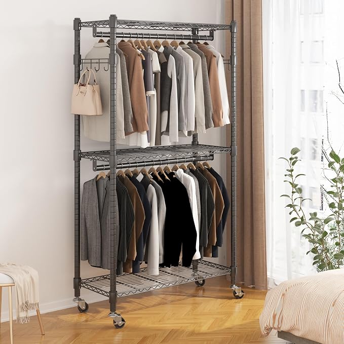 BATHWA Rolling Tall Garment Rack with 2 Rods & 3-Tier Adjustable Shelves, 35.5" W x 16.5" D x 80.7" H, Heavy Duty Clothes Hanging Racks Portable Wardrobe Closet Organizer for Bedroom, Laundry, Black
