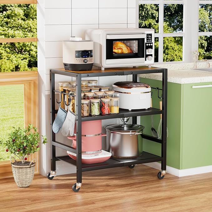 Rolling Kitchen Microwave Cart, 3 Tier Microwave Stand with Wheels, Bathroom Organizers and Storage Shelf, Serving Cart, Baker's Rack, Coffee Bar Table Station for Kitchen, Office, Brown
