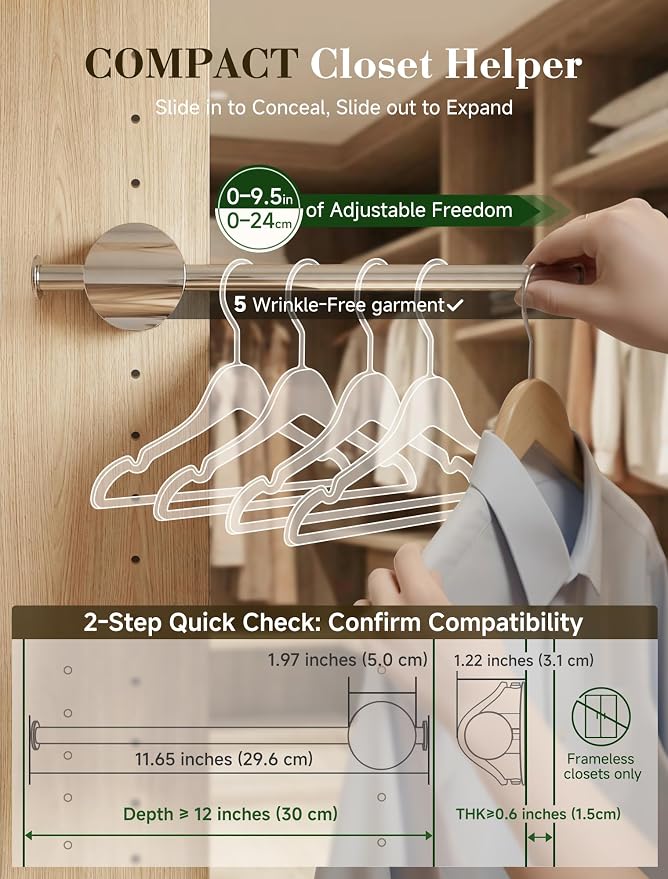 INMAKER Valet Rod for Closet Slide out | Pull out to 9.5" Hanger Rod for ≥12" Deep Closet, Blackish Grey, 2 Pack