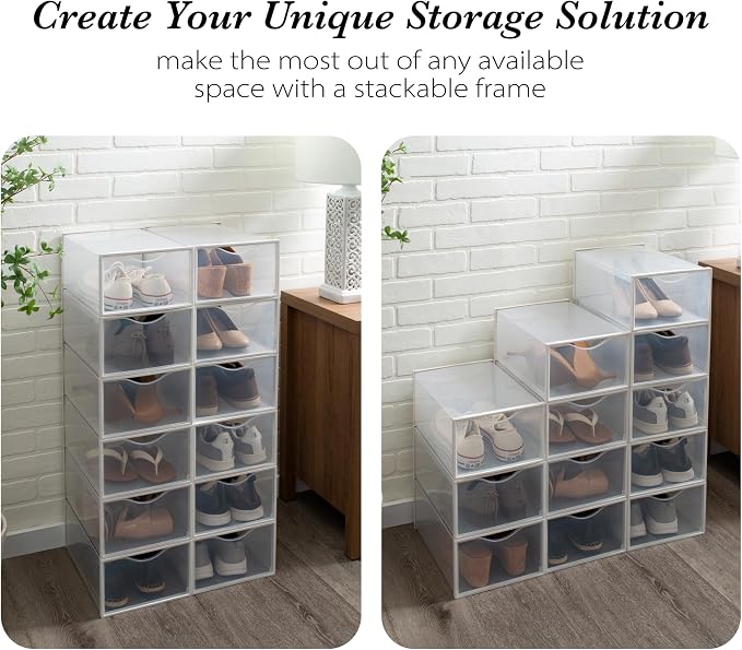 Simplify Set of 12 Stackable Shoe Boxes | Customizable | Fits Size 11 Shoes | Drop Front Design | Closet Storage | Sneakers | Heels | Clear and White