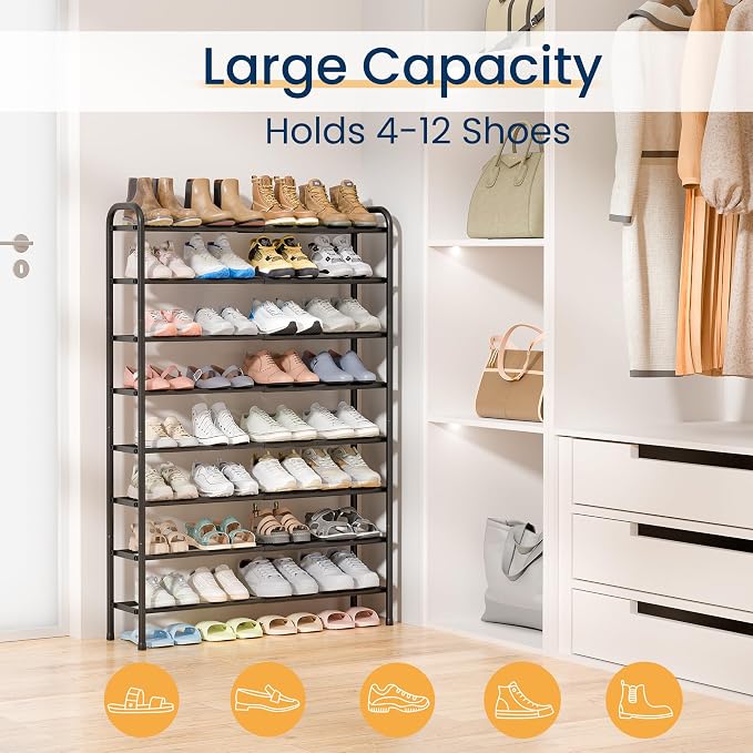 ENJOYBASICS Expandable Shoe Rack, 32.4'' Wide - 8 Tier Adjustable Shoe Organizer Shelf for Closet, 32 Pairs Black Metal Free Standing Shoe Rack Storage for Garage, Entryway