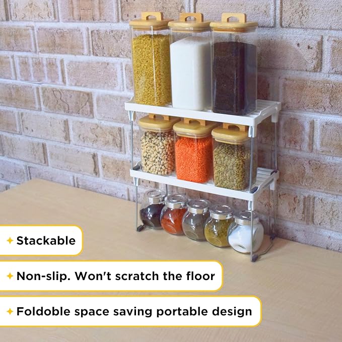 Plastic Kitchen Cabinet Shelf Organizer, Stackable Freezer Rack, Cupboard Box Organizer, Shelf Riser, Usable Storage Rack for Spice, Fridge Shelf Riser, Refrigerator, Pantry (12x5,5 inch),Pack of 4