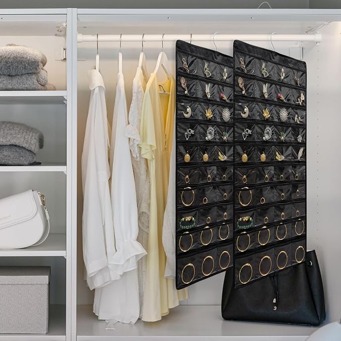 Hanging Jewelry Organizer for Closet Wall Door Double-Sided Jewelry Holder for Earrings, Necklaces, Rings 1 Pcs (Black)