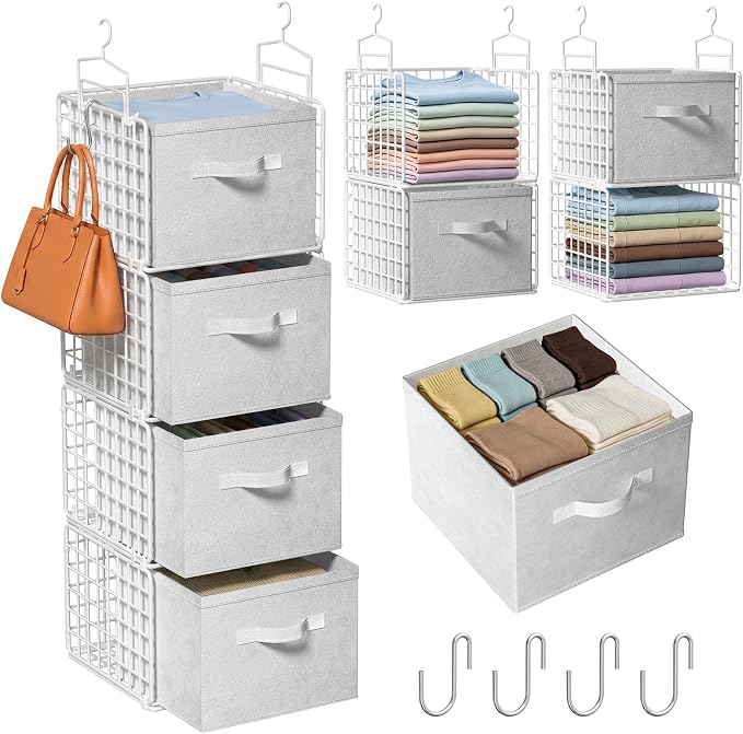4 Tier Hanging Closet Organizer with 4 Drawers, Metal Closet Organizers and Storage with 4 Hanging Hooks for Wardrobe Laundry Room Garage, Wire Storage Shelf for Clothes Sweaters Pants, White