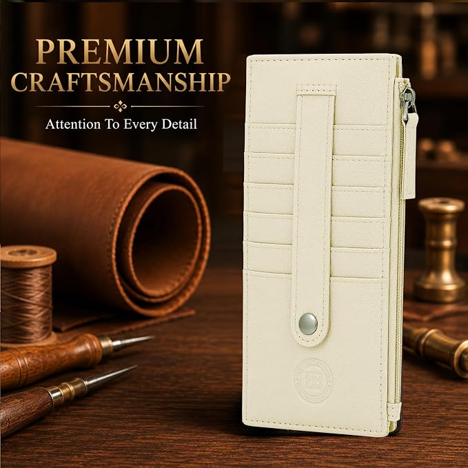 Leatherboss Genuine Leather Women's All in One Credit Business Card Case Holder Slim Zipper Wallet With a Card Protection Strap, Cream