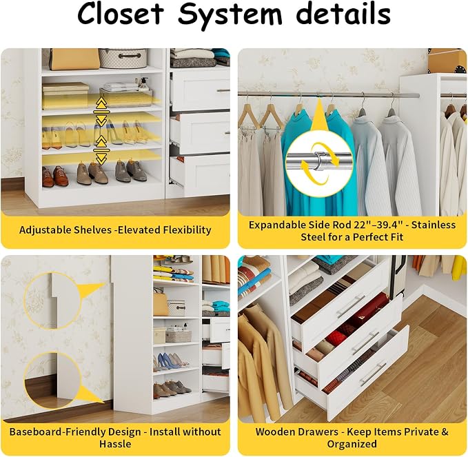 Closet System with 6 Drawers, Corner Closet Organizer System with 9 Rods & Shelves Walk in Wooden Modular Closet Storage System L-Shaped U -Shaped Freestanding 4 Sets, 2500+ Lbs Capacity White
