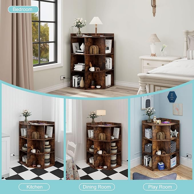 HedoAjim Corner Cabinet, Corner Storage Shelf with USB Ports and Outlets Industrial Organizer for Small Space Wooden 9-Cubby Bookshelf for Study, Playroom, Living Room (Rustic)