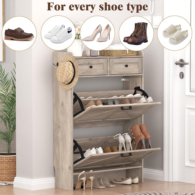 Thacuok Shoe Cabinet with 2 Flip Drawers & 2 Storage Drawers, Rustic Farmhouse Narrow Shoe Organizer Cabinet, Slim Shoe Rack Cabinet, Shoe Storage Cabinet for Entryway, Hallway