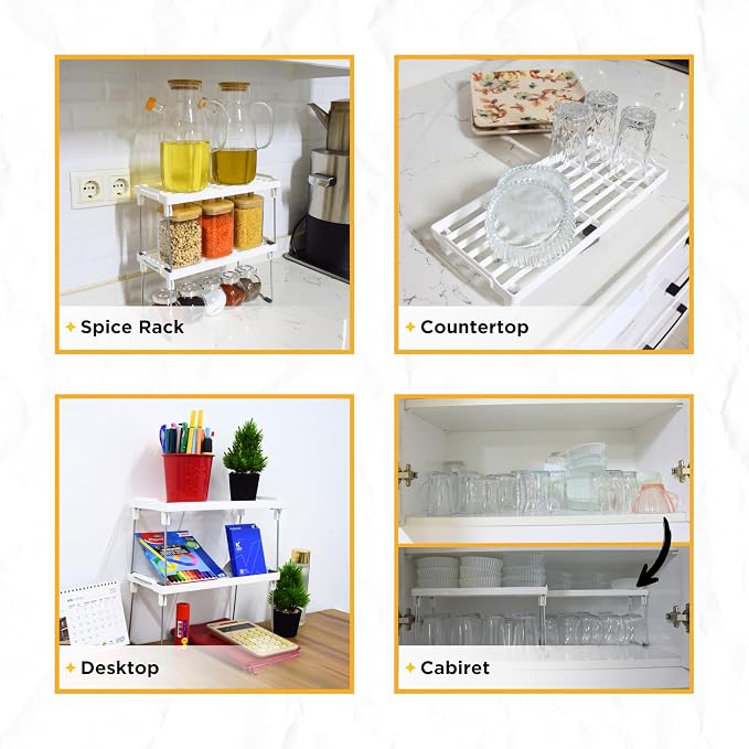 Plastic Kitchen Cabinet Shelf Organizer, Stackable Freezer Rack, Cupboard Box Organizer, Shelf Riser, Usable Storage Rack for Spice, Fridge Shelf Riser, Refrigerator, Pantry (12x5,5 inch),Pack of 4