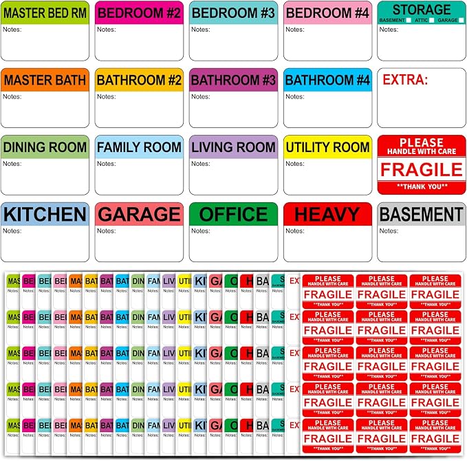 600 Writable Stickers 2” x 3” Each,20 Designs Pre-Printed Color-Coded Home Moving Packing Box Labels with Fragile, Extra, Heavy Labels