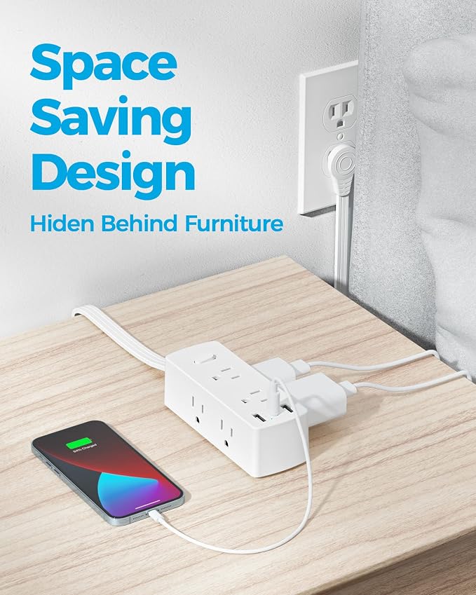 Olcorife Flat Plug Power Strip with 15 FT Extension Cord, 6 Outlets 3 USB Ports(1 USB C), 3 Sided Outlet Extender for Home Office Travel Dorm Room Essentials, White