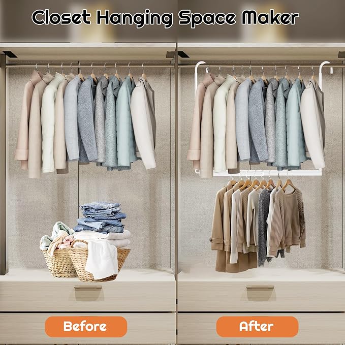 Hanging Closet Rod Adjustable Width Height Closet Rod For Hanging Clothes White 1 Pack Closet Extender Hanging Rod Clothes Space-Saving Hanging Bar Organizer