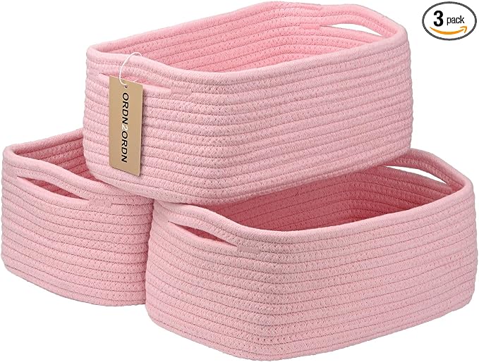 Small Storage Baskets for Organizing, Woven Storage Bins for Shelves, Gift Basket Empty, Cute Decorative Closet Organizer, Baby Rope Basket, Dog Toy Storage, 13.2x8.2x5.2”, 3Packs Pink