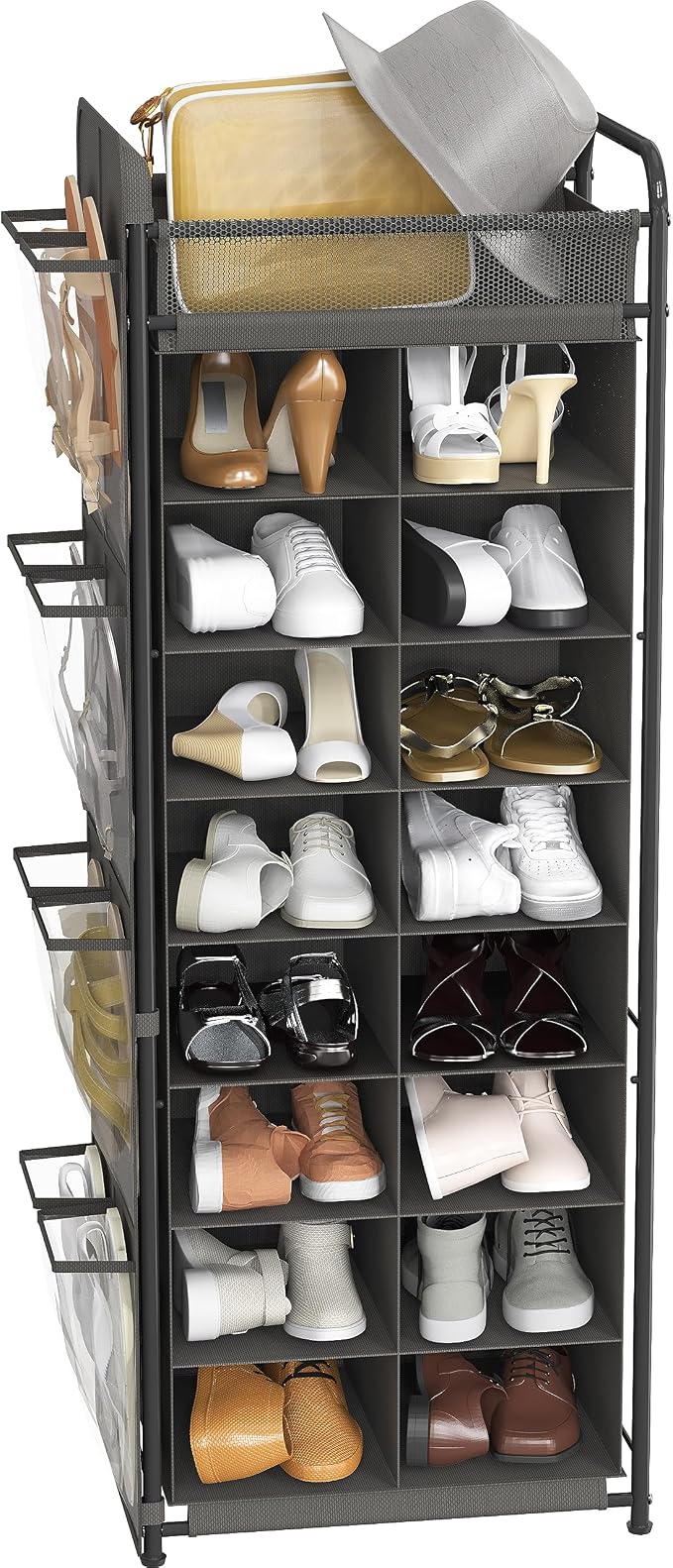 Simple Houseware 16 Cube Shoe Stand Tower Rack 8 Tier, Dark Gray | Top Shelf and Side Hanging Pockets