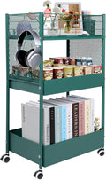 3 Tier Rolling Storage Cart Metal Utility Cart with Wheels | Office Organizer with Hooks & Hanging Cups, Mobile Shelving Unit for Kitchen Nursery Craft Snack Book