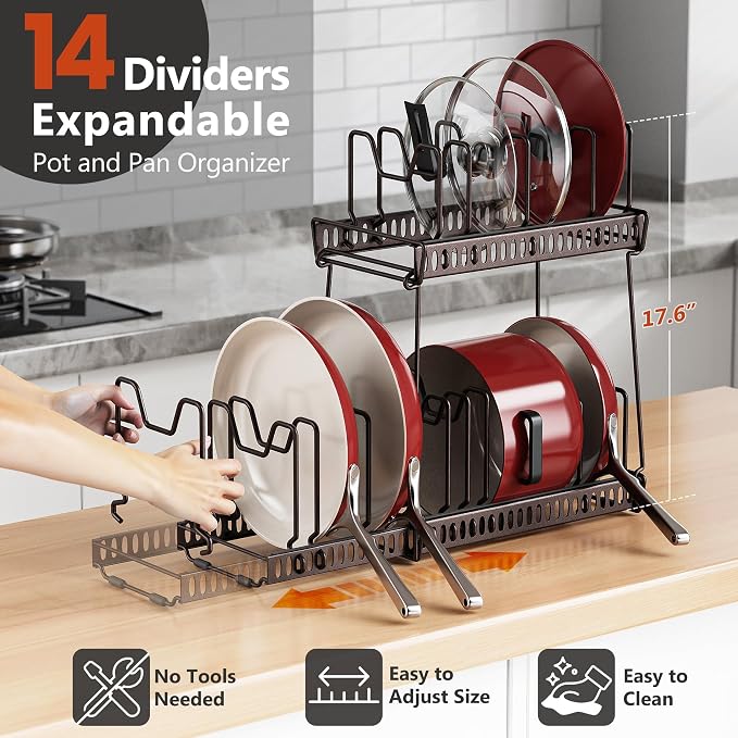3 Pack Expandable Pan Organizer for Cabinet,Pot Lid Holder Rack with 14 Adjustable Compartment for Kitchen Cabinet Cookware Baking Frying Rack, Bronze