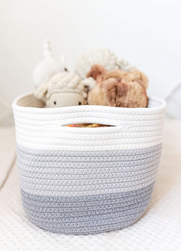 3-Toned Gray Cotton Rope Baskets for Shelves, Set of 3 - 15"×10"×9½" - Woven Storage Baskets for Organizing - Closet, Nursery, Bedroom, Playroom - Toys, Books, Towels, Clothes