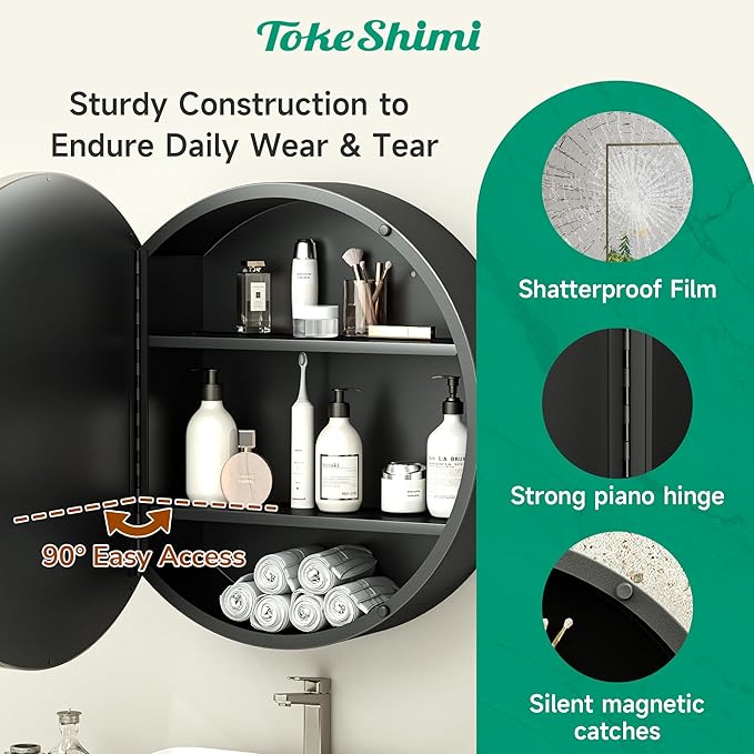 TokeShimi 20 x 20 Brushed Nickel Round Medicine Cabinet with Mirror, Circle Medicine Cabinet for Bathroom with Stainless Steel Metal Frame, Detachable Shelves, Shatterproof, Wall Mounted Only