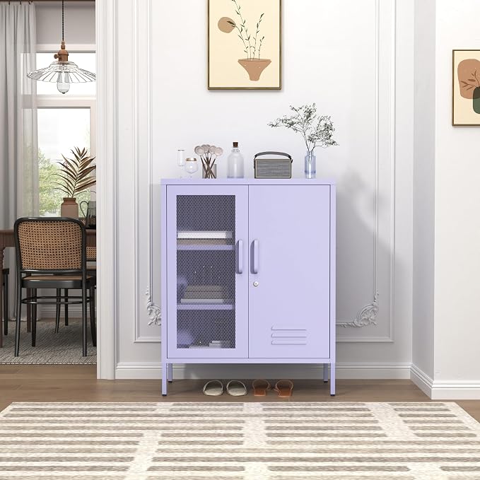Purple Metal Storage Cabinet with Adjustable Shelf, Lockable 2 Door Sideboard, Multipurpose Widened Storage Locker for Kitchen Home Bedroom Living Room Office 33" H X 29.5" W X 13.8" D