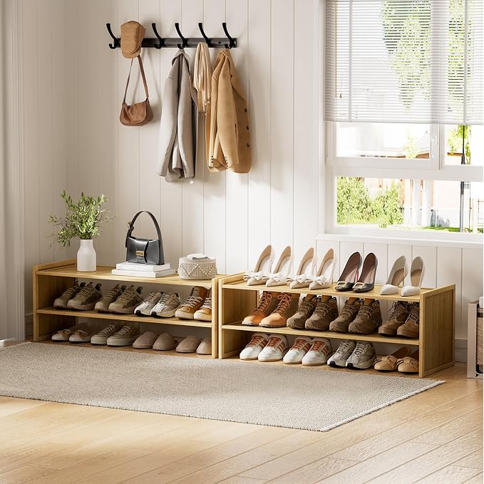 2 Tier Bamboo Shoe Rack, Extended Wood Shelf for Closet | Extended length fits more pairs. 6.7in height holds boots. Versatile for plants, books, sundries.