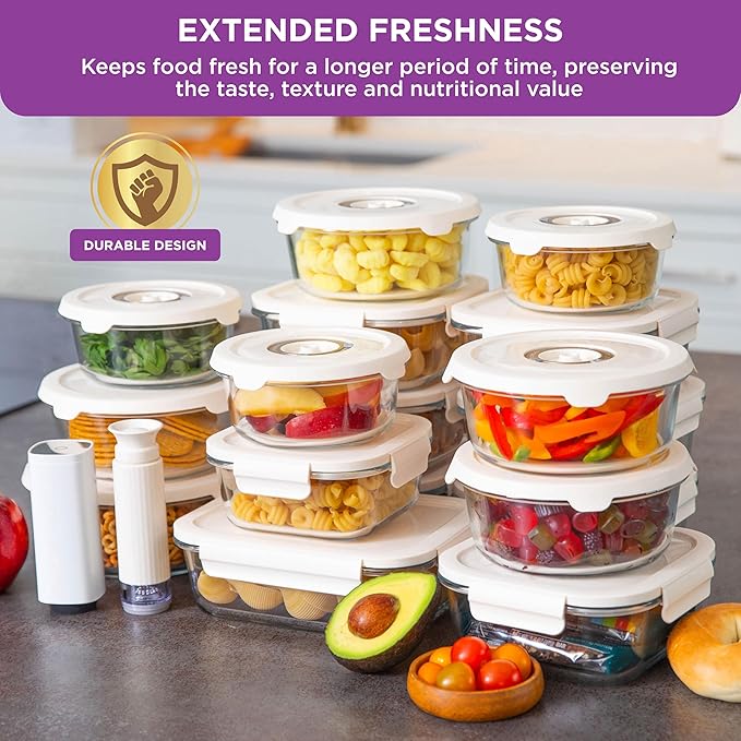 HOLDN’ STORAGE Vacuum Food Storage Containers, Set of 6 Glass Containers & Manual Pump - Keep Food Fresh Longer, BPA-Free Glass, Leak-Proof, Ideal for Meal Prep, Marinating