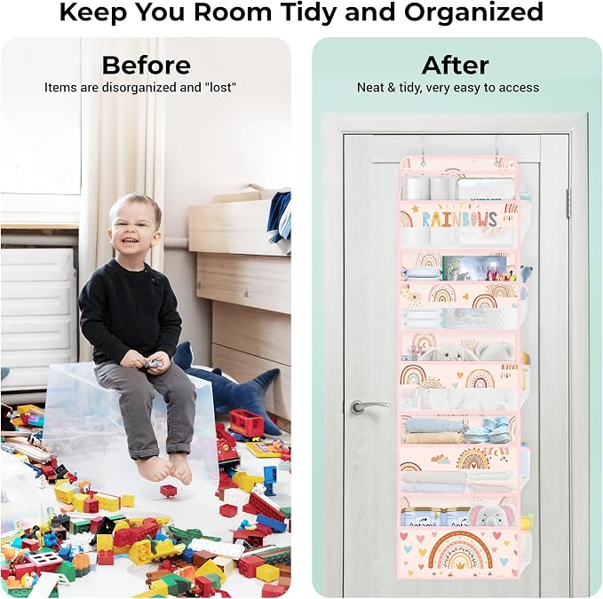 Clastyle Over the Door Organizer Diaper Toy Nursery Hanging Shelf, Boho | Pink Rainbow, 5-Tier Clear Window Mesh Pocket 44 lbs Weight Capacity, Behind Door Storage, Bedroom Bathroom Closet Pantry
