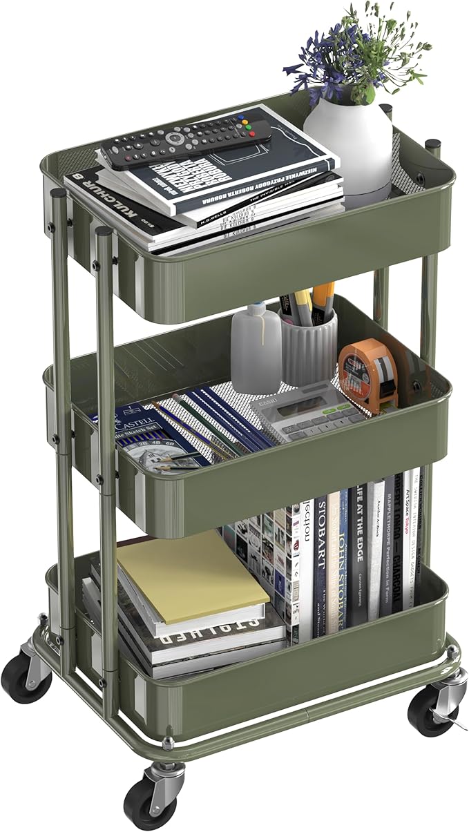 Simple Houseware 3-Tier Utility Cart, Low 24" Height Fits Under Desk, Green | Compact & Lower Height Great for Under-Desk Space-Saving Storage for Home Office, Dining Room, or Kitchen