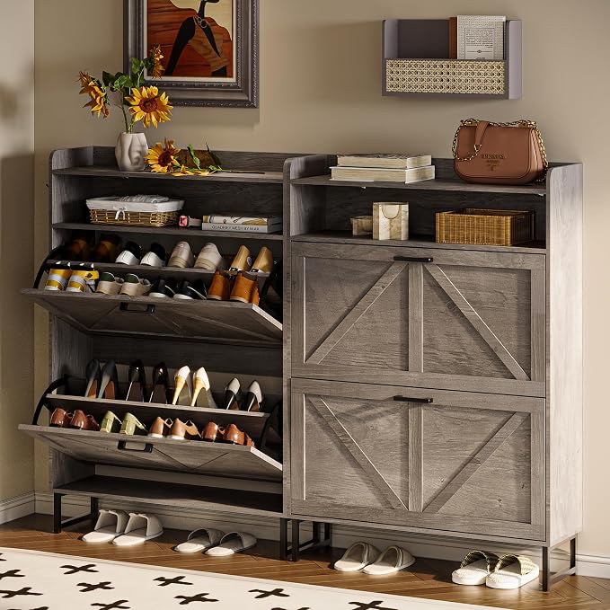Wodeer Shoe Storage Cabinet with 2 Flip Drawers, Narrow Wood Shoe Cabinet Storage for Entryway with Metal Legs & Hooks, Adjustable Shelves, Freestanding Shoe Rack Organizer for Foyer, Hallway, Grey