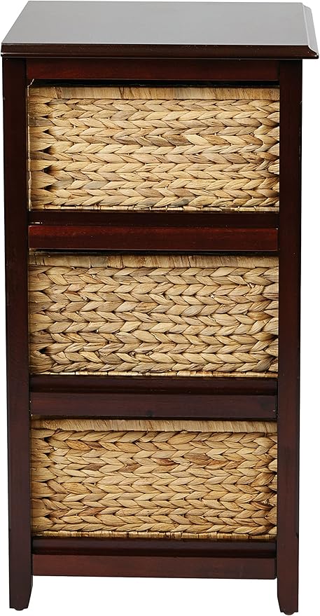 OSP Home Furnishings Seabrook Storage Tower with Solid Wood Frame and Natural Baskets, 3-Drawer, Espresso Finish