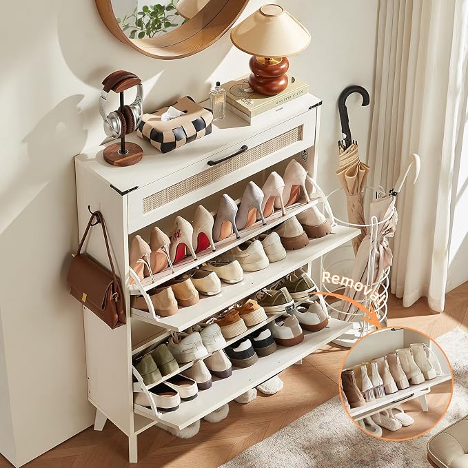 LEYAOYAO Shoe Cabinet Storage for Entryway with 2 Flip Drawers Rack Narrow Organizer Slim Hidden Wood Shoe Cabinet Furniture Off White