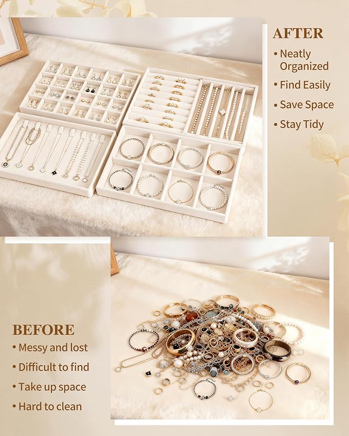 Velvet Jewelry Drawer Organizer Trays Set - 4-Layer Stackable Jewelry Storage Inserts for Earrings, Rings, Necklaces, Bracelets, Removable Dividers Display Case, Dresser Vanity, Gift for Women