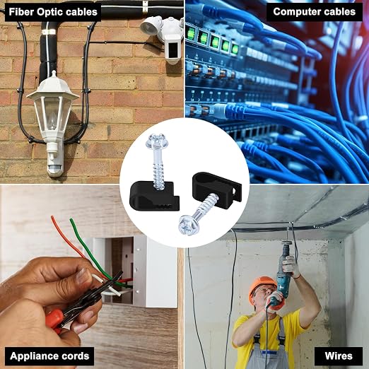 Cable Clips with Screws Fastener 1/4 Inch (6 mm) - All Weather Wire Clips for Coaxial, Ethernet,Electrical Cables,Brick/Stucco Siding Clips, UV-Resistant for Outdoor Wall Mount,100 Pack,Black