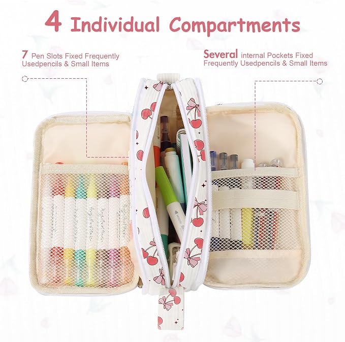 BuyCard Large Capacity Pencil Case, White With Pink Cherry Pattern, Corduroy Pencil Bag with Zipper Closure, Graduation Gift Office Stationery Storage Pen Pouch for Classroom Teacher