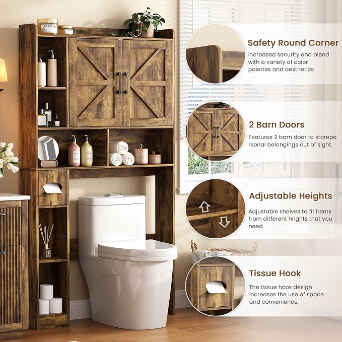 Vabches Over The Toilet Storage Cabinet with 2 Barn Doors, Rustic Brown | Farmhouse Storage Cabinet with Toilet Paper Holder Stand，Home Space-Saving Toilet Rack, for Bathroom, Restroom, Laundry