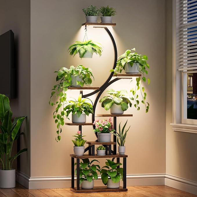 Plant Stand with Grow Lights for Indoor Plants, 8-Tiered Tall Corner Plant Shelf with Full Spectrum Light, S-Shaped Space-Saving Narrow Flower Holder, Anti-Tip for Living Room Bedroom Office, Brown