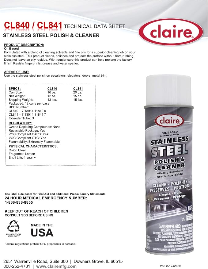Claire CL841-12pk Oil Based Stainless Steel Polish & Cleaner, 15 Oz. Net Wt, 12 Count