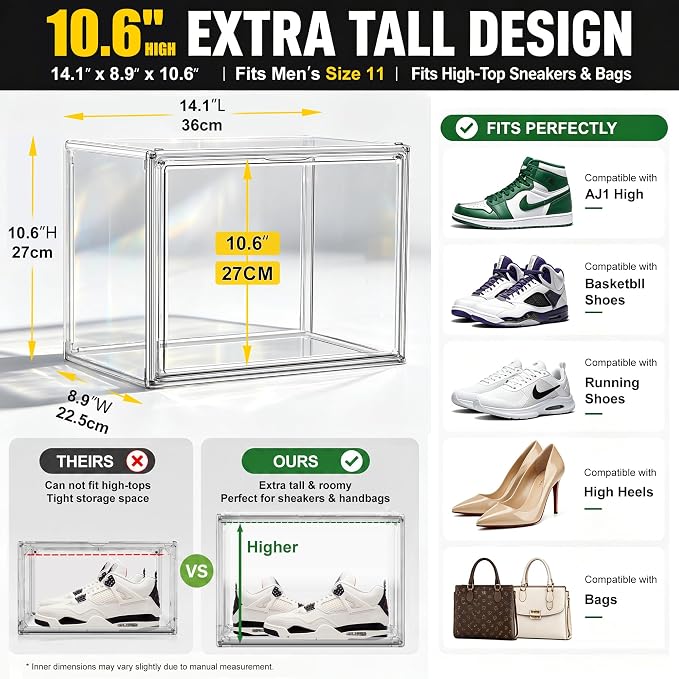 5 Pack Clear High-Top Sneaker Storage Boxes, Acrylic Shoe Organizer | Extra height 10.6'' for high-top sneakers & athletic footwear Size 11.Stackable display design keeps collections organized