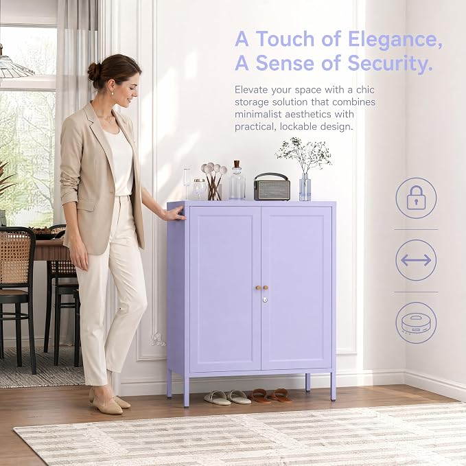Lockable Metal Storage Cabinet with Adjustable Shelves, Multifunctional Versatile Storage Lockers, Durable Accent Sideboard for Entrance lingving Room Bathroom Purple 36" H X 31.5" W X 13.8" D
