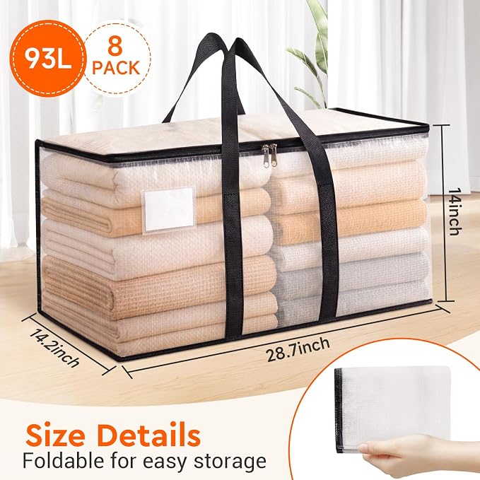 BlissTotes Moving Bags, 93L 8-Pack Storage Bags, Moving Box Heavy Duty Extra Large, Moving Totes with Zipper, Reinforced Handles & Tag Pocket, Boxes for Packaging Moving