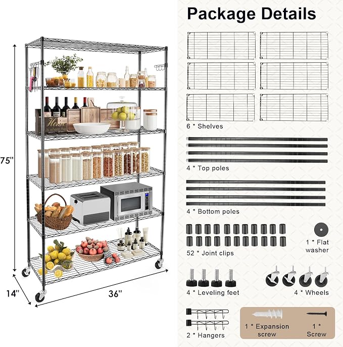 YNN Storage Shelves,2100Lbs 6 Tier Heavy Duty Metal Rolling Shelving Unit with Wheels & 8 Hooks, Adjustable Garage Wire Rack for Kitchen, Bathroom,Industrial,Pantry(36" W x 14" D x 72" H,Black)