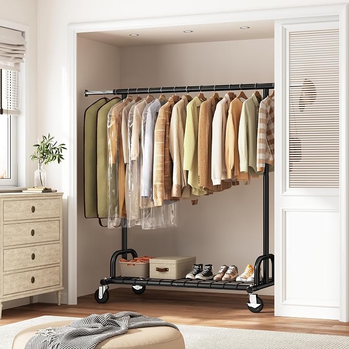 Raybee Clothes Rack Heavy Duty Load 530 LBS, Clothing Racks for Hanging Clothes, Rolling Clothing Rack, Extendable Adjustable Portable Clothes Rack, Metal Garment Rack, Black