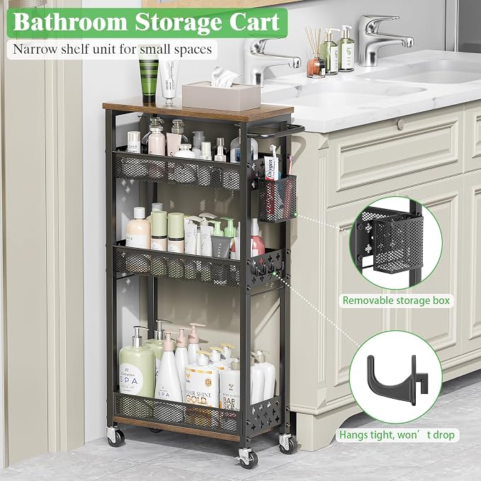 4 Tier Slim Rolling Storage Cart, Laundry Room Cart on Wheels, Small Metal Bathroom Cart Kitchen Organizer Trolley with Handle and Mesh Basket, 7.1 inch Width for Narrow Space, Black