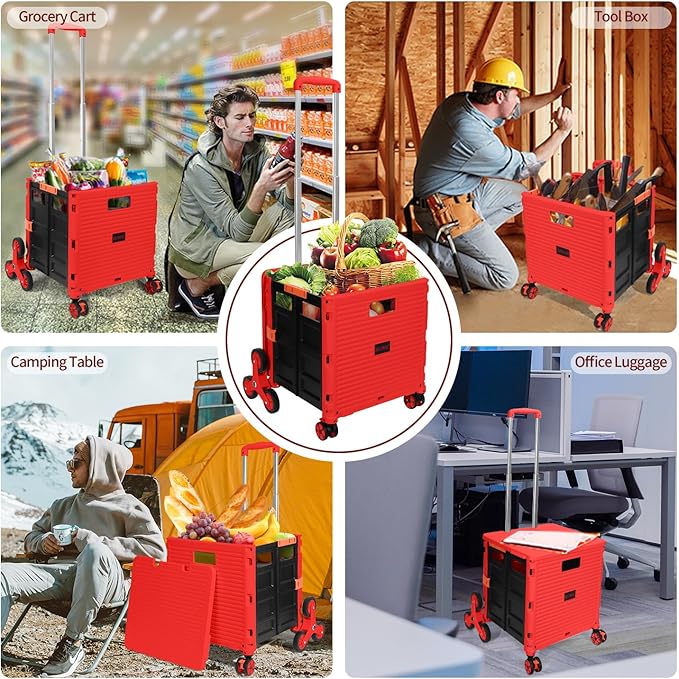 SELORSS Foldable Utility Cart Collapsible Crate Rolling Carts with Stair Climbing Wheels Rolling Tote Basket Teacher Cart with Lid Wear-Resistant 360°Rotate Wheel Noiseless for Shopping Grocery Office