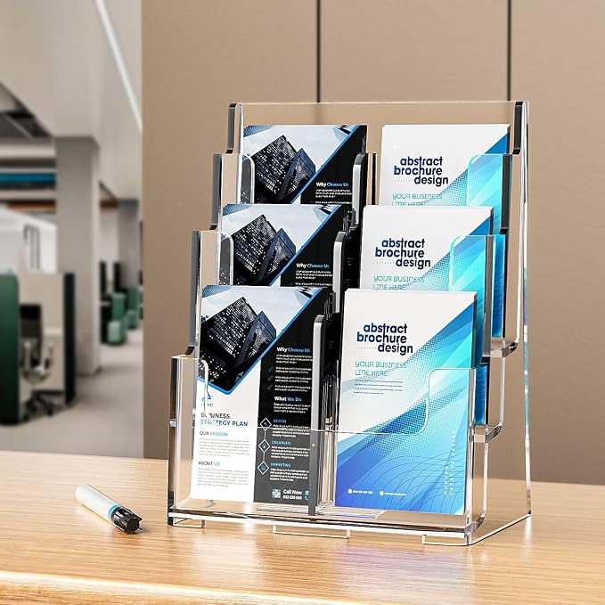FUCDTEFC 2 Pack Acrylic Brochure Holder 8.5x11 & 4 x9 Inches Universal, Clear 3 Tier Magazine Stand Brochure Display Stand w Removable Divider, Literature Flyer Holder for Wall Mount or Countertop