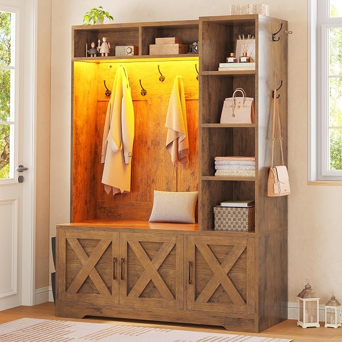 Itaar Hall Tree with Bench and Shoe Storage, Farmhouse Entryway Bench with Coat Rack, Shoe Cabinet with Adjustable Shelves, 6 Storage Cubbies, 10 Coat Hooks, Storage Bag, Led Lights, Rustic Brown