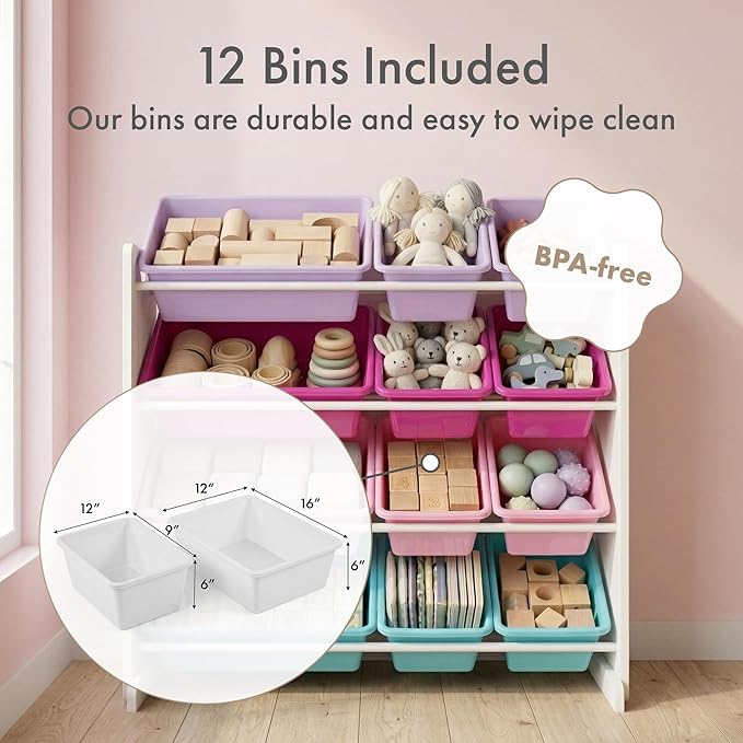 Humble Crew Toy Storage Organizer with 12 Removable Storage Bins for Kids Playroom, 4-Tier Toddler Toy Organization and Storage, White/Pink/Purple/Turquoise