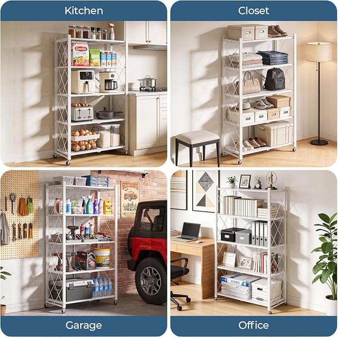 Upgraded 18% Thickened Portable 5-Tier Foldable Storage Shelves with Wheels Heavy Duty Storage Shelf Collapsible Shelves Unit Display for Garage Storage Kitchen Pantry & Closet Organizer