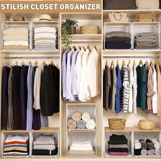 AceOrbit 3 Pcs Widened Stackable Closet Organizer and Storage with Wood Top Foldable Metal Cube Closet Shelf DIY Space Saving Linen Clothes Shoe Bed Sheet Bin Wardrobe Bedroom ( 15.6"x12"x8.7", Dark)