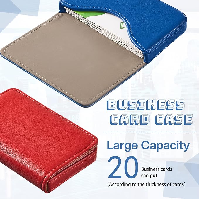 Outus 2 Pcs Business Card Holder, PU Leather Business Card Case Pocket Wallet with Magnetic Shut for Christmas Gift Adult(Blue and Red)